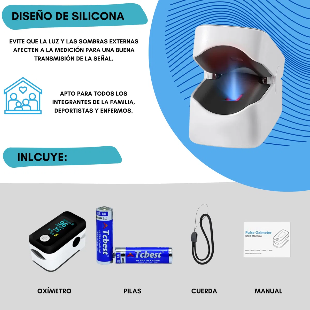 Oxímetro de Dedo Profesional, Pulsioxímetro Medidor preciso de la Saturación de Oxígeno en Sangre, Frecuencia Cardiaca. Oxímetro de Pulso para todas las Personas. Pantalla OLED. Incluye Pilas y Cordón