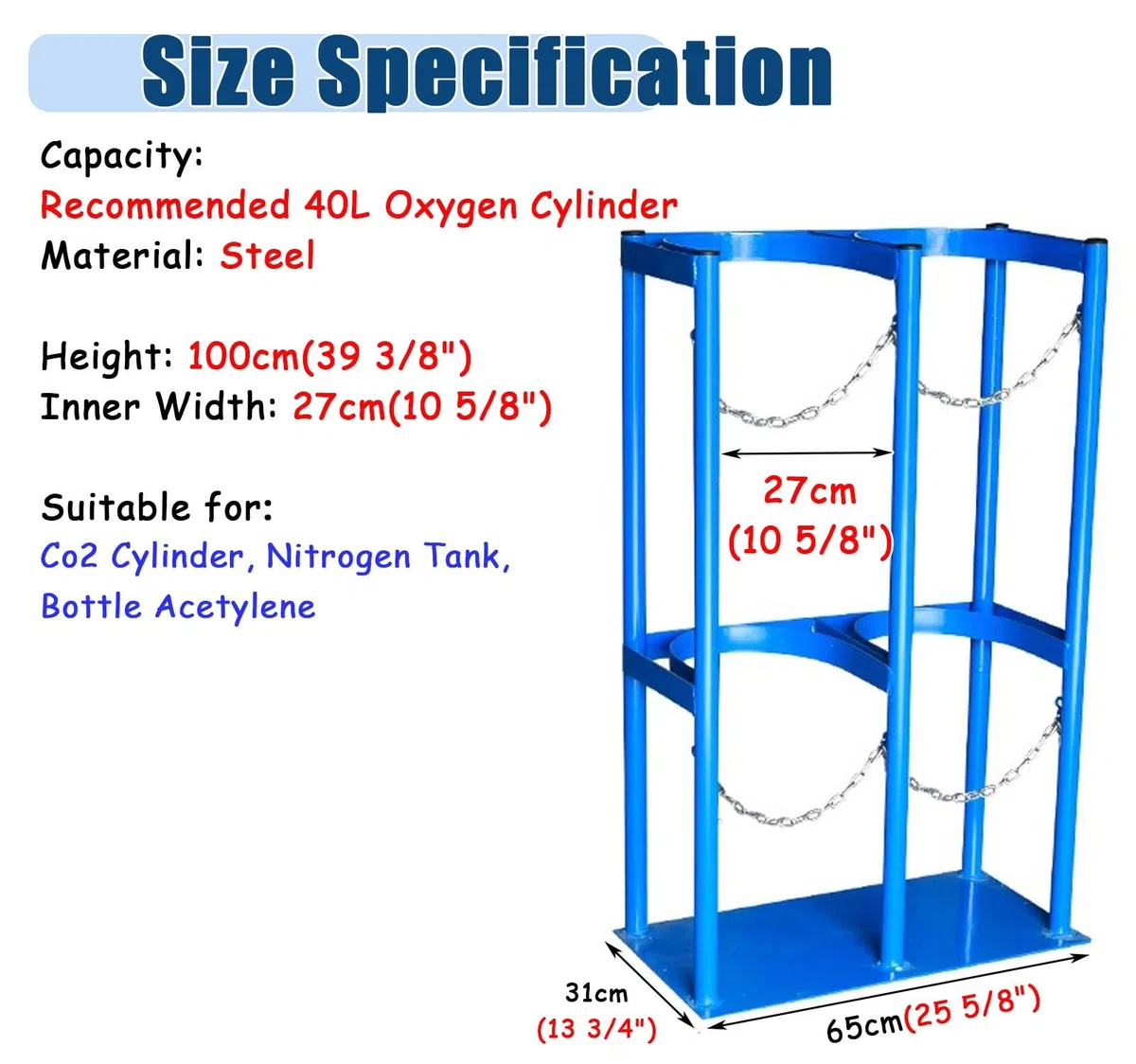 Soporte de tanque de oxígeno resistente, estante de cilindro de gas de acero de 40 L con cadena de seguridad, soporte de botella de soldadura comercial para hospital, ajustable de 27 a 96 cm de ancho