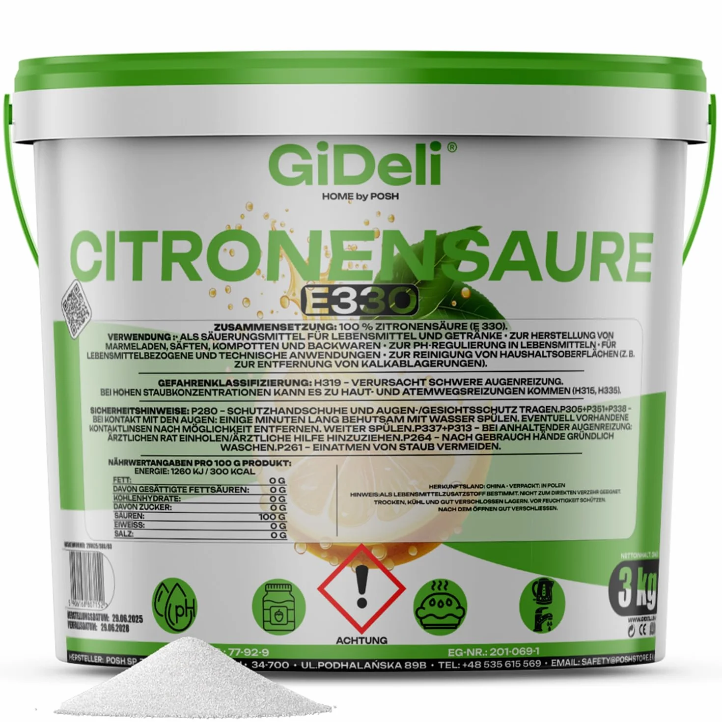 GiDeli Ácido cítrico de calidad alimentaria en polvo monohidrato 3000 g puro E330 cristales calidad de limpieza descalcificador acidulante sin azúcar en cubo resellable 3 kg