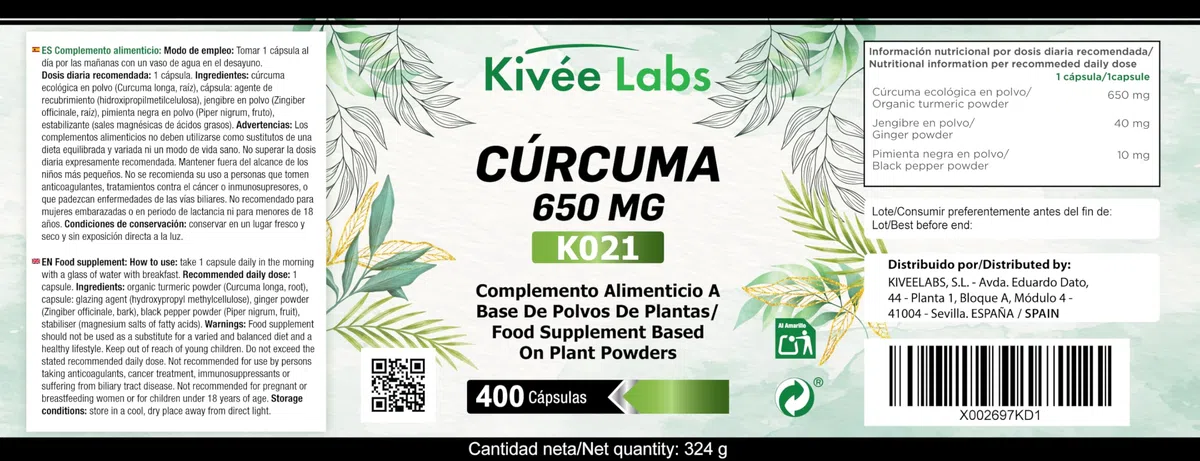 400 Cápsulas Cúrcuma Orgánica con Jengibre y Pimienta Negra Fórmula Mejorada (400 Días) | Potente Antiinflamatorio y Antioxidante Natural | Cúrcuma en Cápsulas