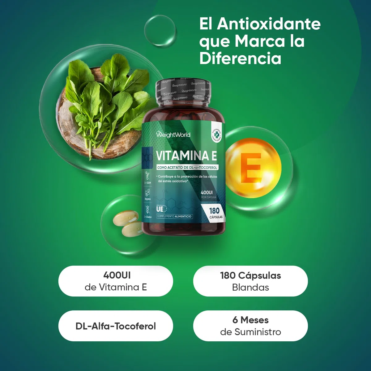 Vitamina E 400UI, 180 Cápsulas Veganas para 6 Meses - Acetato de DL-α-Tocoferol, La Vitamina E Contribuye a Proteger las Células del Estrés Oxidativo, Sin OGM