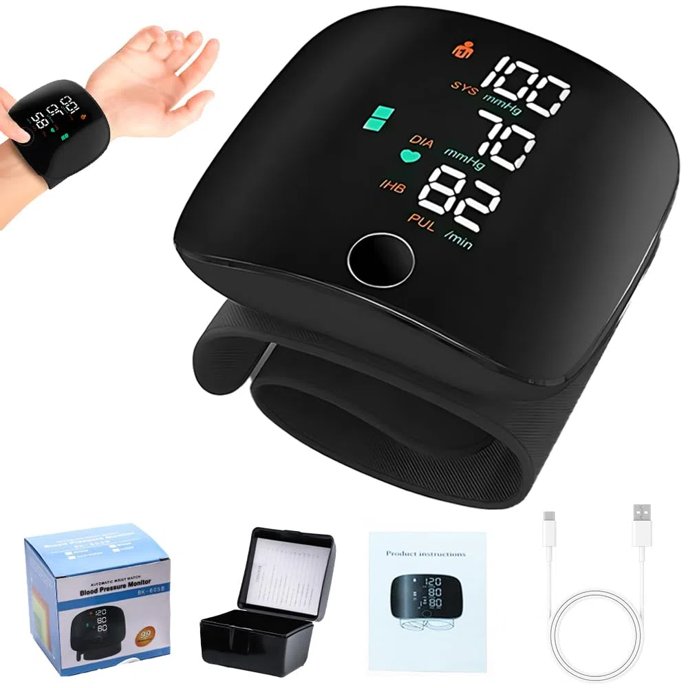 Tensiometro de Muñeca, Monitor de Presión Arterial de Muñeca con Pantalla LCD, Carga USB Portátil, Brazalete Ajustable, Memoria 2 * 99 para Uso Doméstico y de Viaje