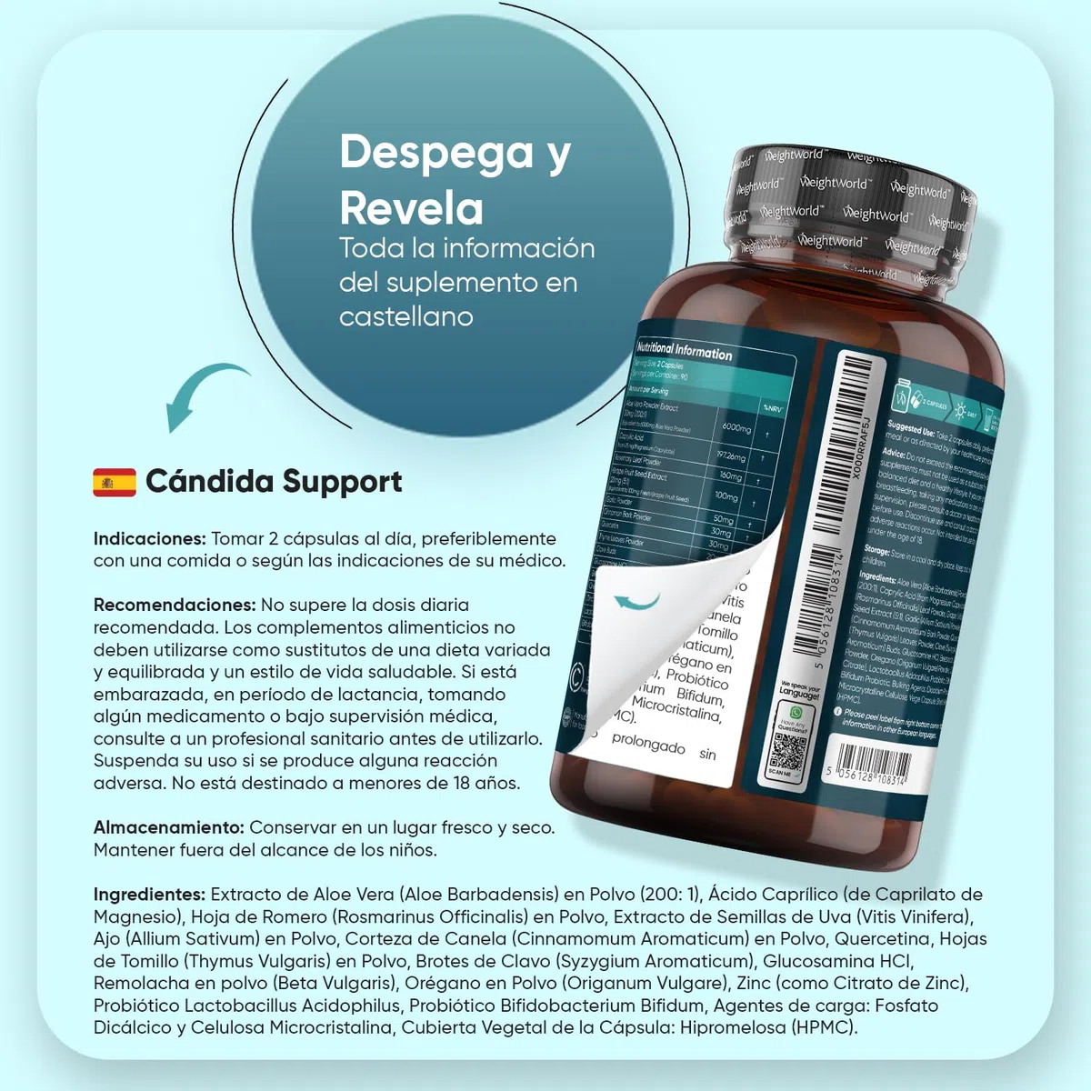 Probióticos para Flora Íntima Candida Support 180 Cápsulas Veganas con Lactobacillus Acidophilus, Bifidobacterium Bifidum, Zinc, Ácido Caprílico, Aloe Vera y Más para 3 Meses
