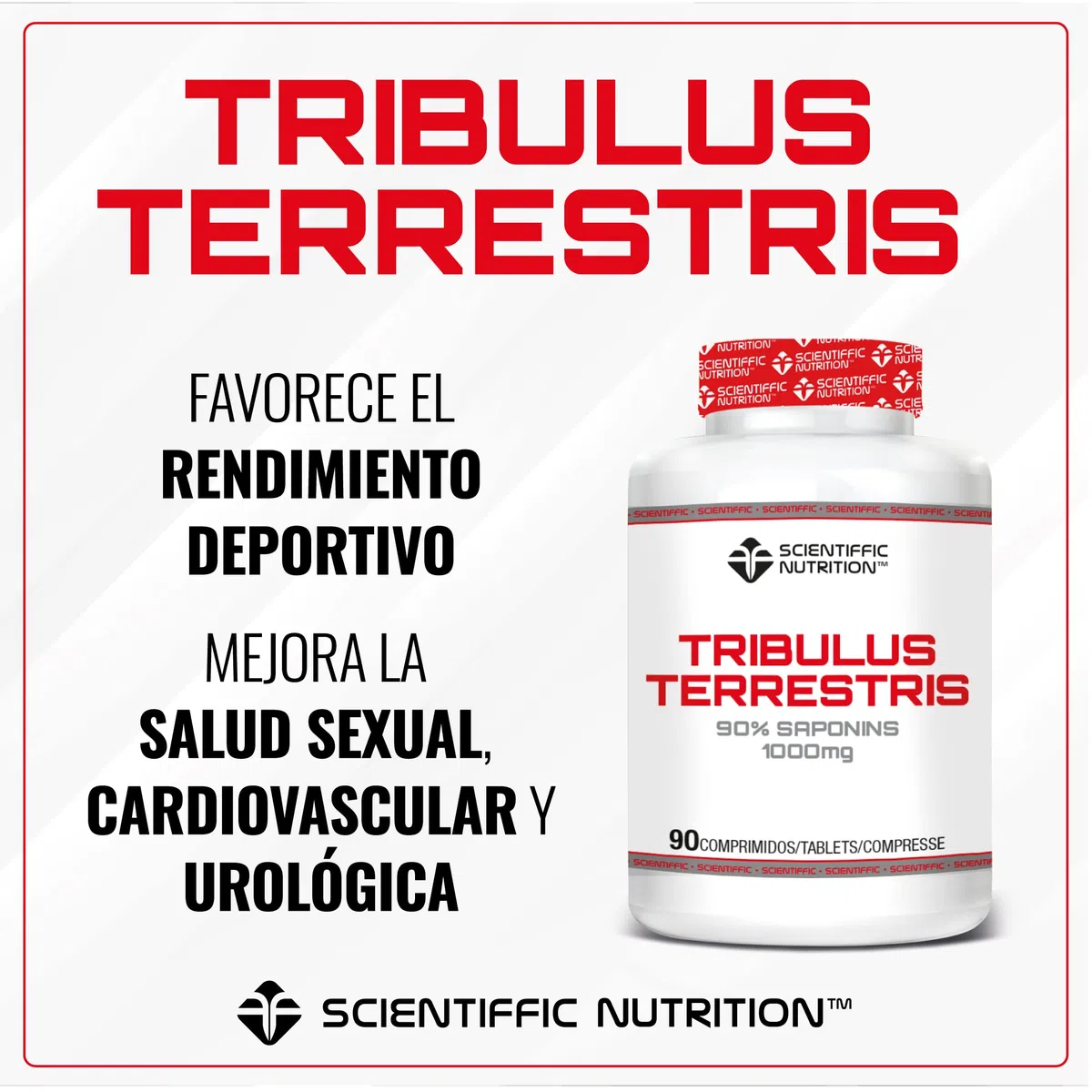 Scientiffic Nutrition - Tribulus Terrestris 1000mg 90% Saponinas, Aumenta la Producción de Testosterona, la Masa Muscular, la Fiuerza y Ayuda a la Recuperación - 90 Cápsulas.