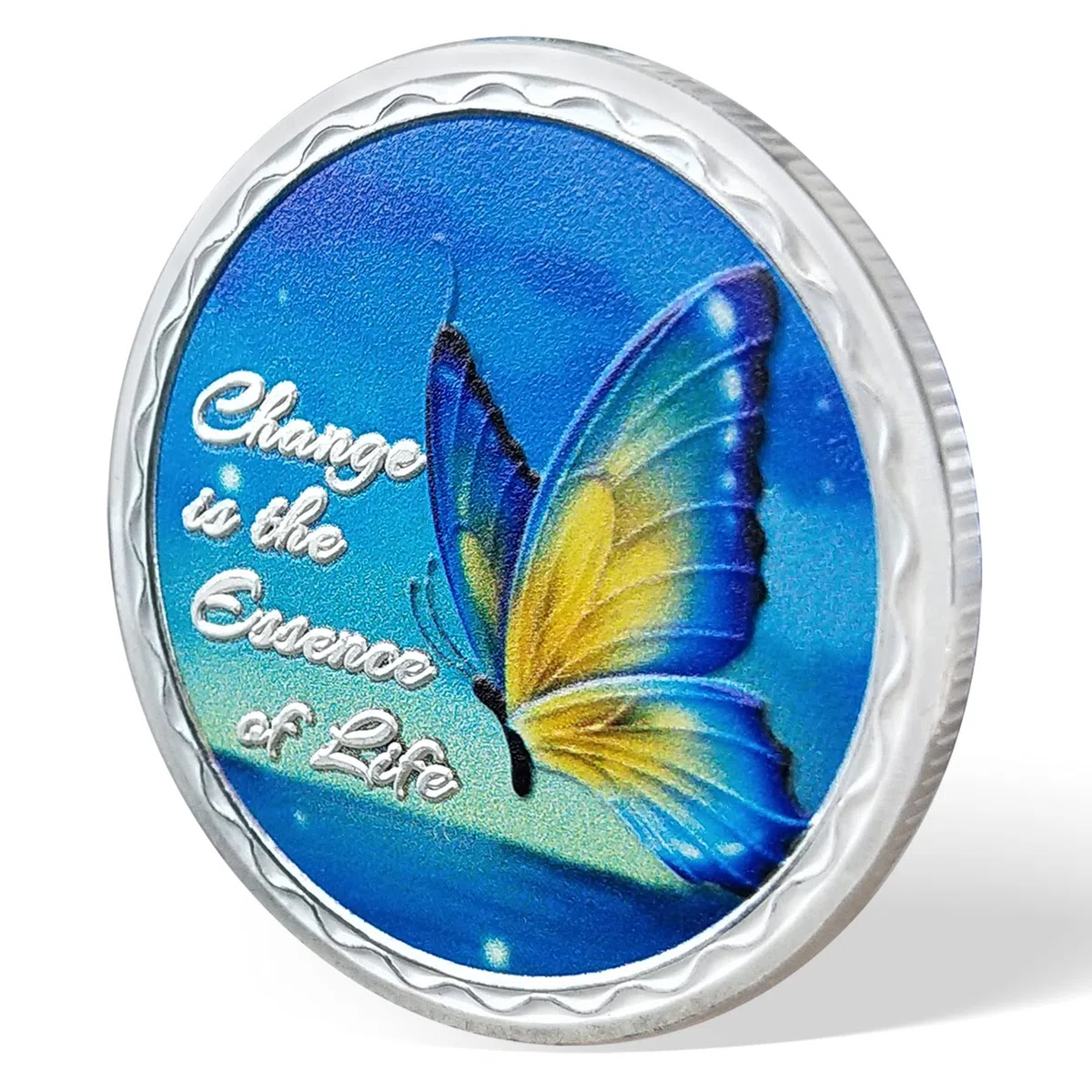 Moneda de sobriedad de mariposa azul, moneda de sobriedad del secreto del cambio, moneda de recuperación plateada con oración de serenidad, regalos de sobriedad de vida limpia para mujeres y hombres