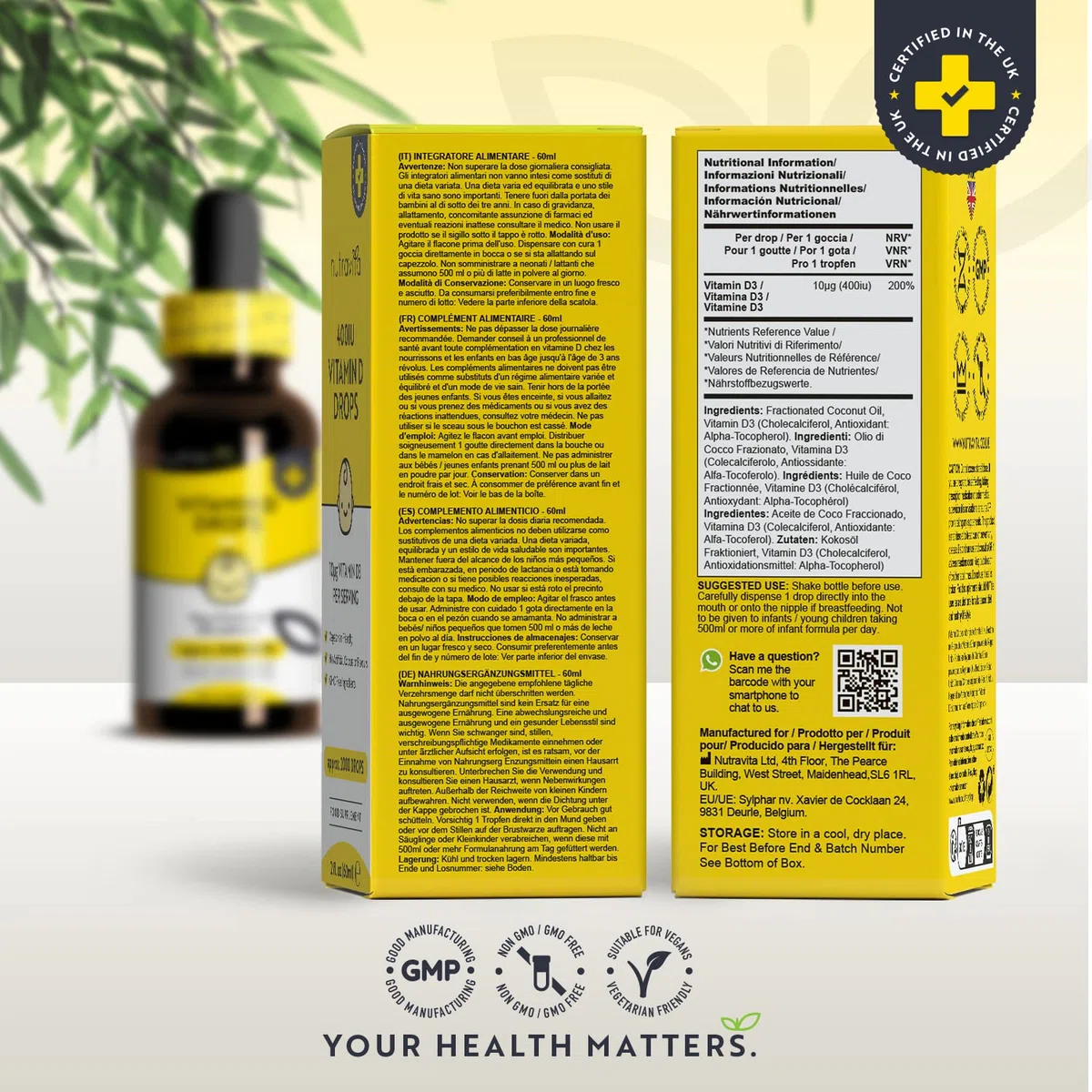 Nutravita Gotas de Vitamina D para Bebés y Niños 60ml – Sistema Inmunitario, Crecimiento y Desarrollo Normal de los Huesos en Niños – 400 IU o 10mcg por Gota (2000 raciones por Botella) – Sin Azúcar
