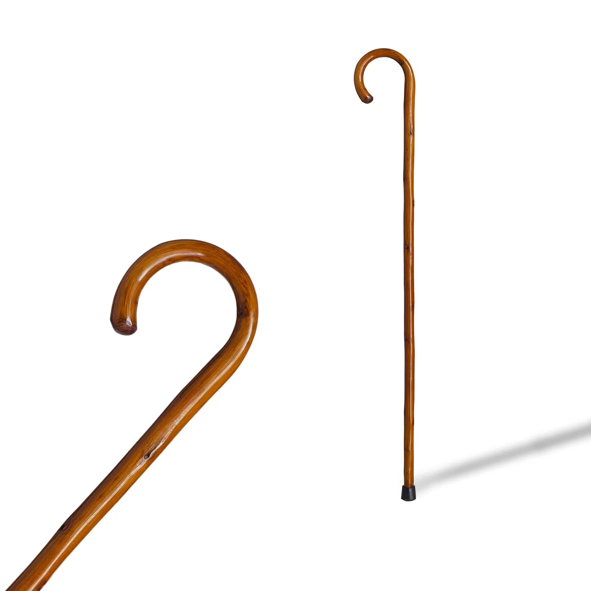 Bastón de Apoyo Caminar Madera Castaño 92cm con Mango Curvo y contera de Goma, Baton para Personas Mayores (560)