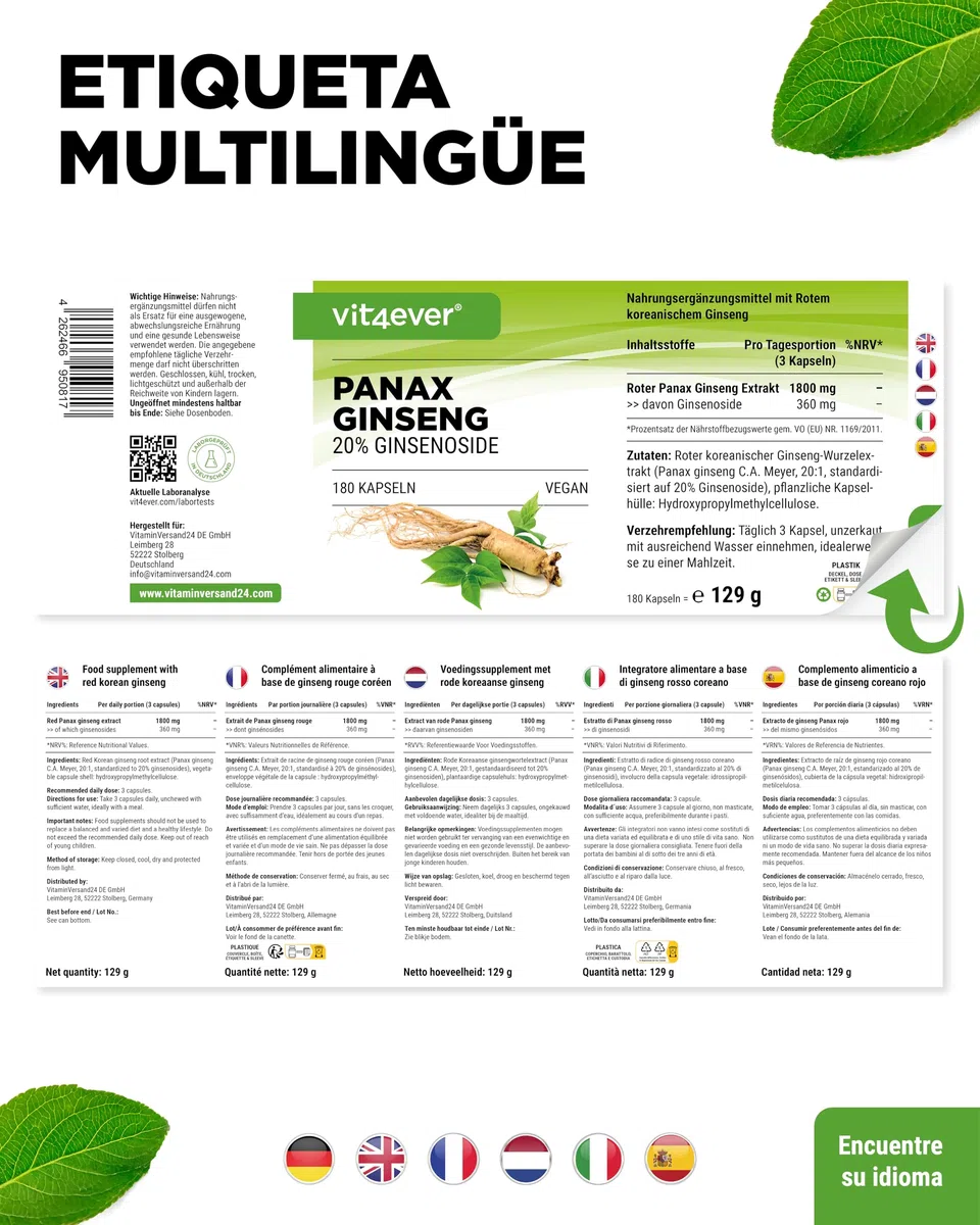 Ginseng rojo Panax 180 cápsulas - 1800 mg por dosis diaria - 20% de ginsenósidos - Extracto de raíz de ginseng rojo coreano 20:1 - Alta dosis - Vegano