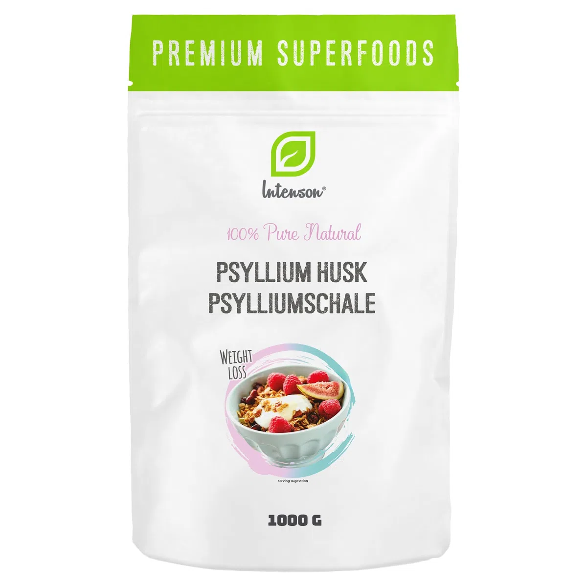 INTENSON Psyllium Husk 1 kg, Cáscara de Semilla de Psyllium Pura y Natural, Alta en Fibra, Ideal para Mezclar con Agua, Bebidas y Zumos, Apta para Vegetarianos y Veganos