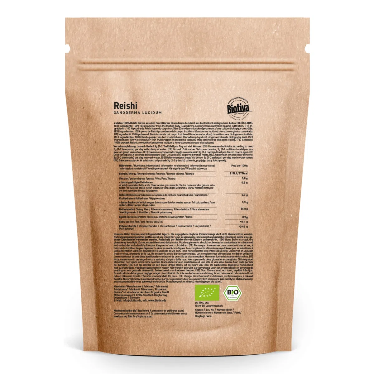 Biotiva Polvo de reishi orgánico 125 g - Ganoderma lucidum - hongo vital - hongo de la inmortalidad - sin aditivos - vegano - llenado en Alemania (DE-ÖKO-005)