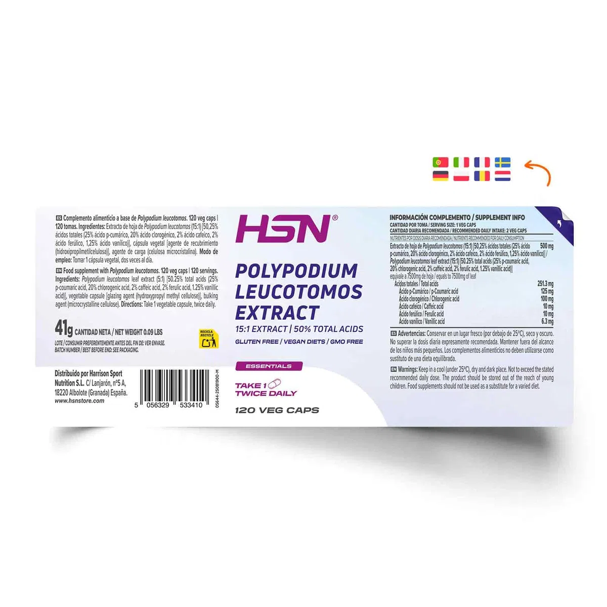 HSN Extracto de Polypodium Leucotomos 15:1 250mg | 120 Cápsulas Vegetales | Estandarizado en Ácidos Fenólicos | 7500mg Equivalencia de Hoja | Clean Label Vegano Sin Gluten