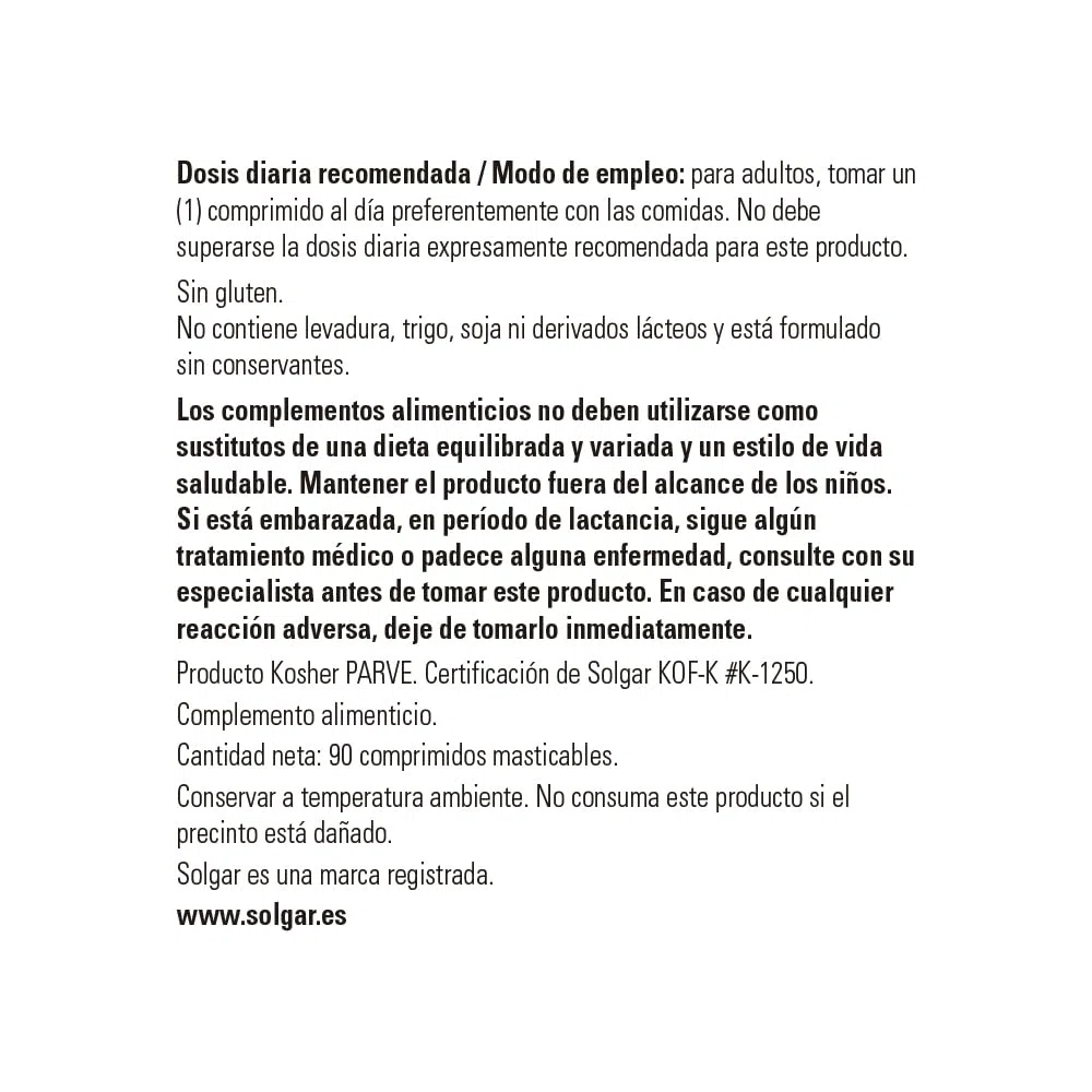 Solgar Vitamina C Masticable 500 mg, Sabor Natural de Frambuesa - 90 Tabletas