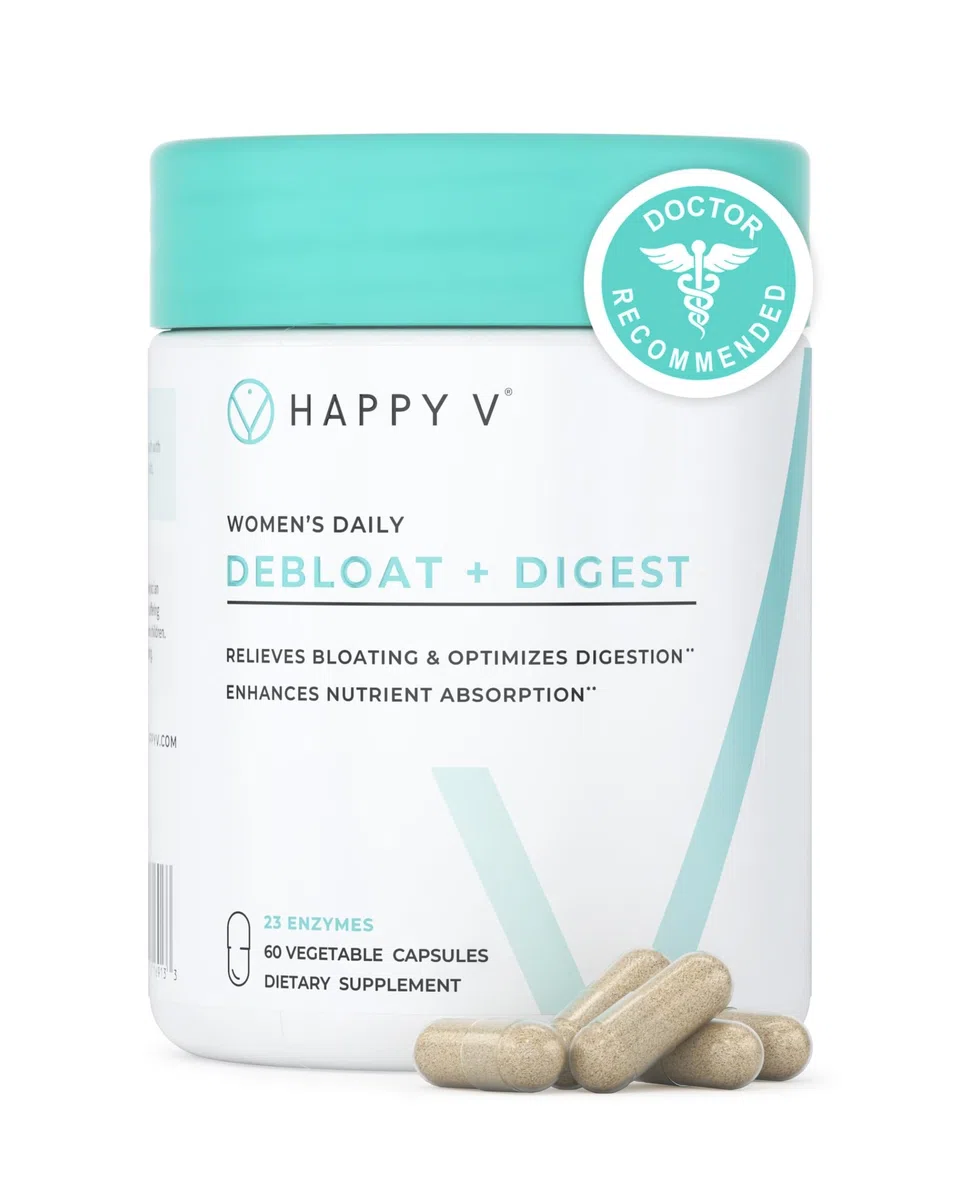 Happy V Debloat + Digest - Enzimas digestivas para mujeres que promueven la hinchazón, los gases, el estreñimiento, la salud intestinal y la absorción de nutrientes - Stomach Comfort & Digestos