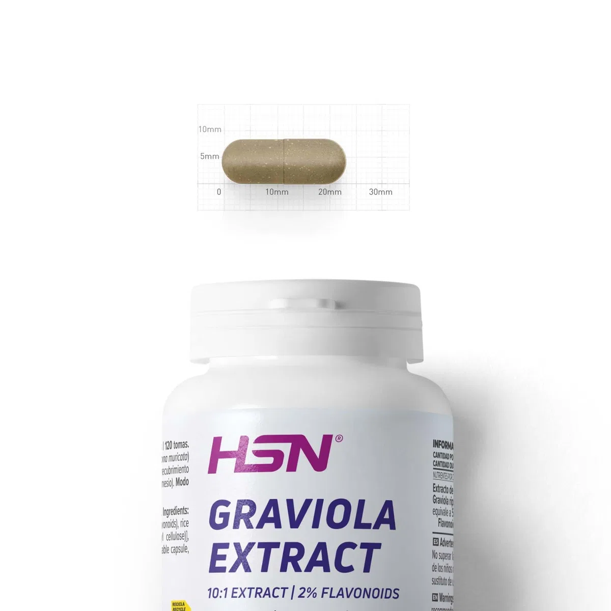 HSN Graviola (Guanábana) 500mg | 120 Cápsulas Vegetales | Extracto 10:1 de Annona muricata Estandarizado al 2% Flavonoides | Equivalente a 5000mg Fruta Madura | Suplemento Vegano Sin Gluten