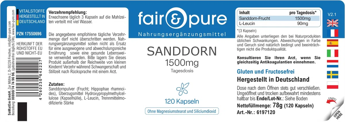 Fair & Pure Espino amarillo 1500mg, 120 cápsulas, complemento alimenticio vegano sin estearato de magnesio, fabricado en Alemania.