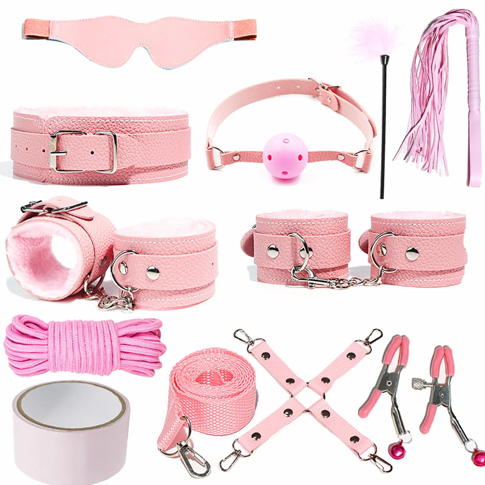Kit BDSM de 11 Piezas de Restricciones, Juguetes Sexuales para Parejas con Esposas, Látigo, Abrazaderas para Pezones, Tapón de Mordaza, Juego de Juguetes Sexuales para Parejas (Pink)
