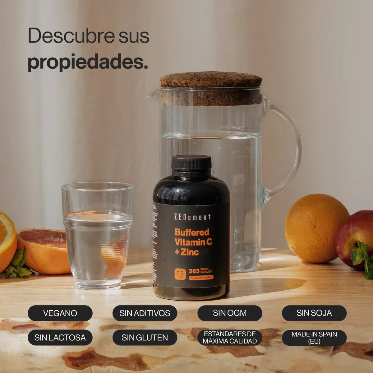 Vitamina C Tamponada con Zinc Bisglicinato - 1000 mg Vitamina C + 10 mg Zinc Elemental por Dosis Diaria (2 Cápsulas) - pH Neutro, Suave para el Estómago - Para el Sistema Inmunitario - Vegano