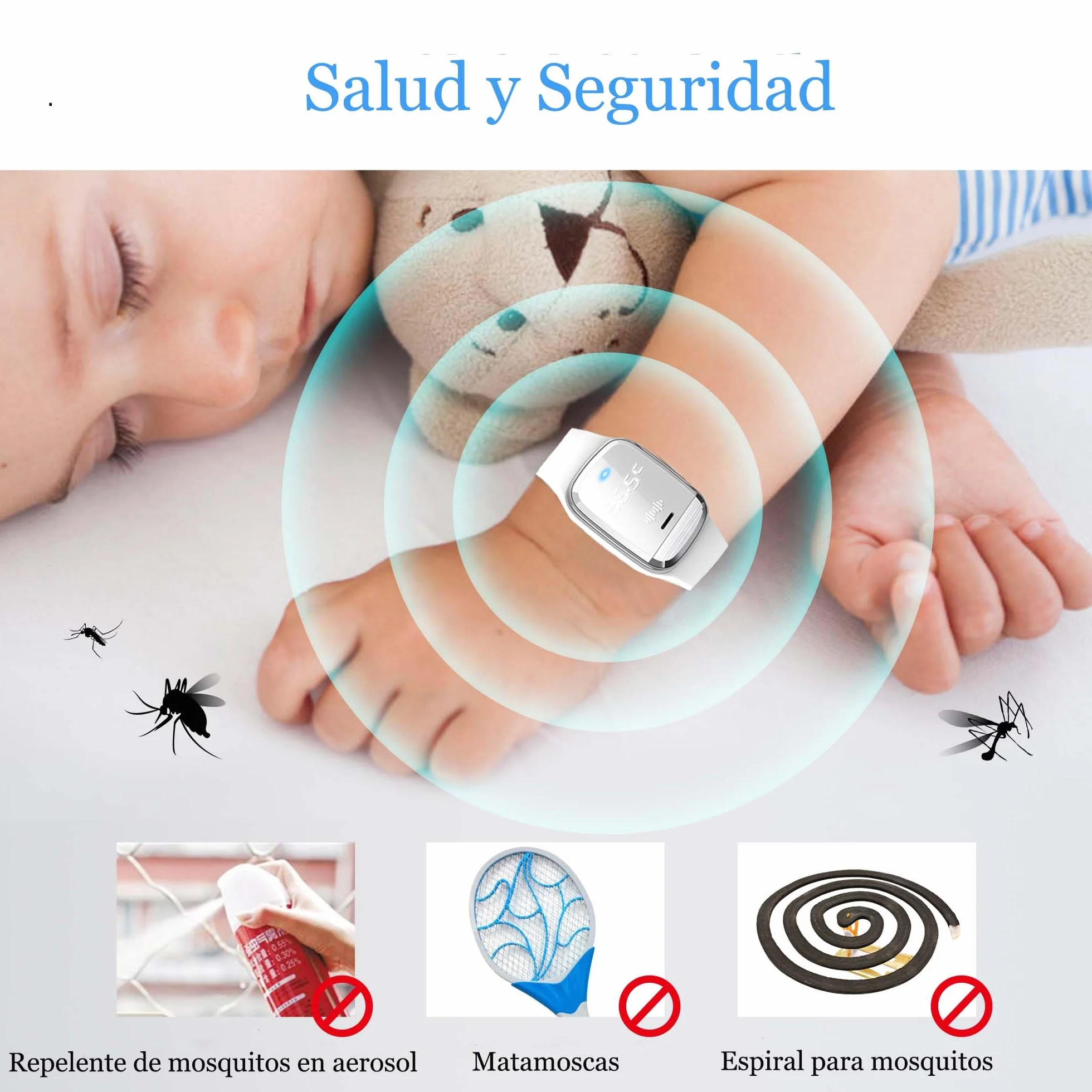 Pulseras Repelentes para Mosquitos, Visualización de la Temperatura Corporal y Reloj Anti Mosquitos Recargable USB Ultrasónico Impermeable Interior y Exterior Adultos Niños Blanco