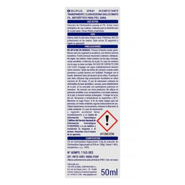 Spray desinfectante antiséptico – con 2% de clorhexidina digluconato – Transparente – 50 ml – Pack de 3