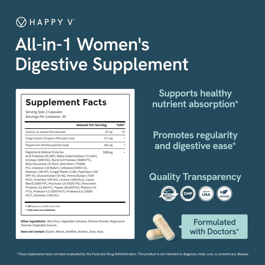 Happy V Debloat + Digest - Enzimas digestivas para mujeres que promueven la hinchazón, los gases, el estreñimiento, la salud intestinal y la absorción de nutrientes - Stomach Comfort & Digestos