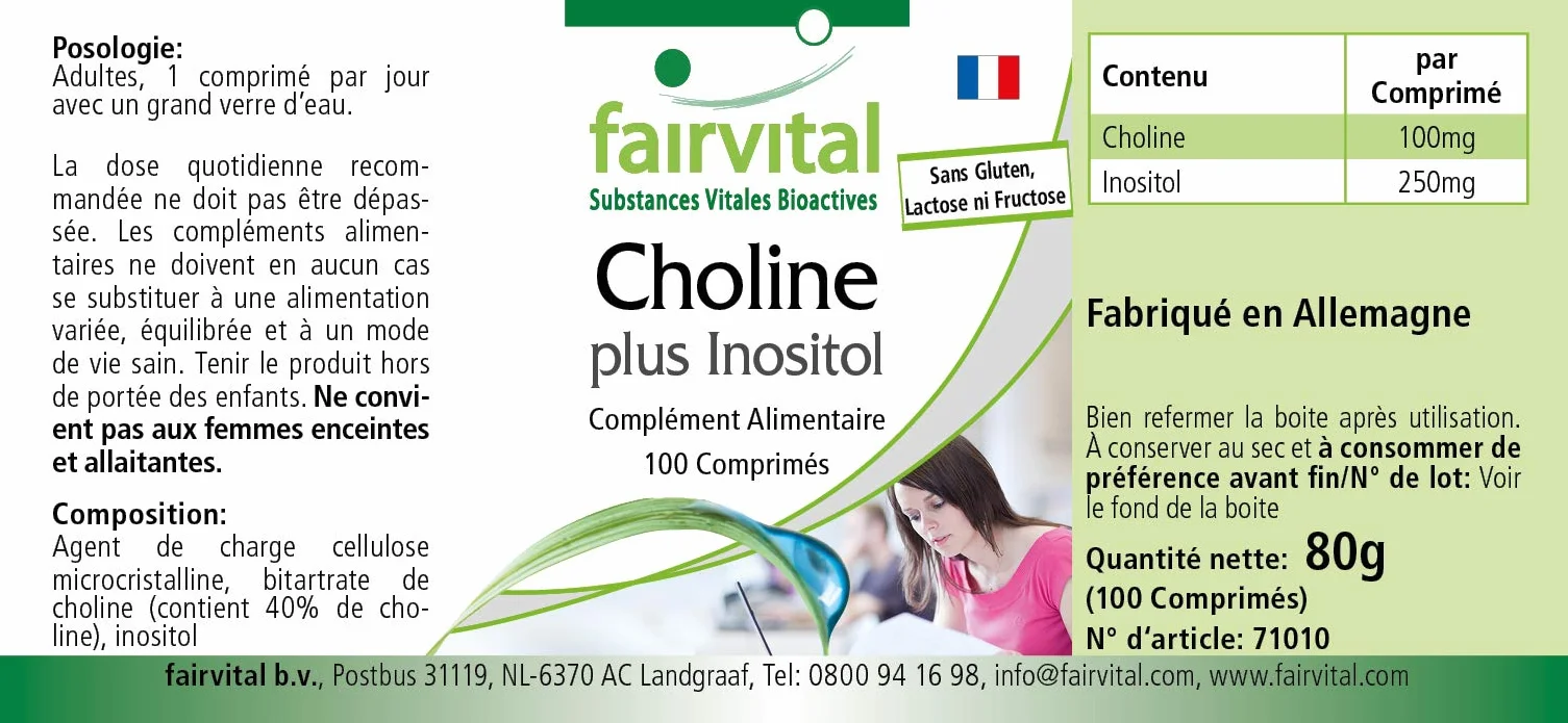 fairvital Bitartrato de colina más inositol, 100 comprimidos, ALTA DOSIS, VEGANO