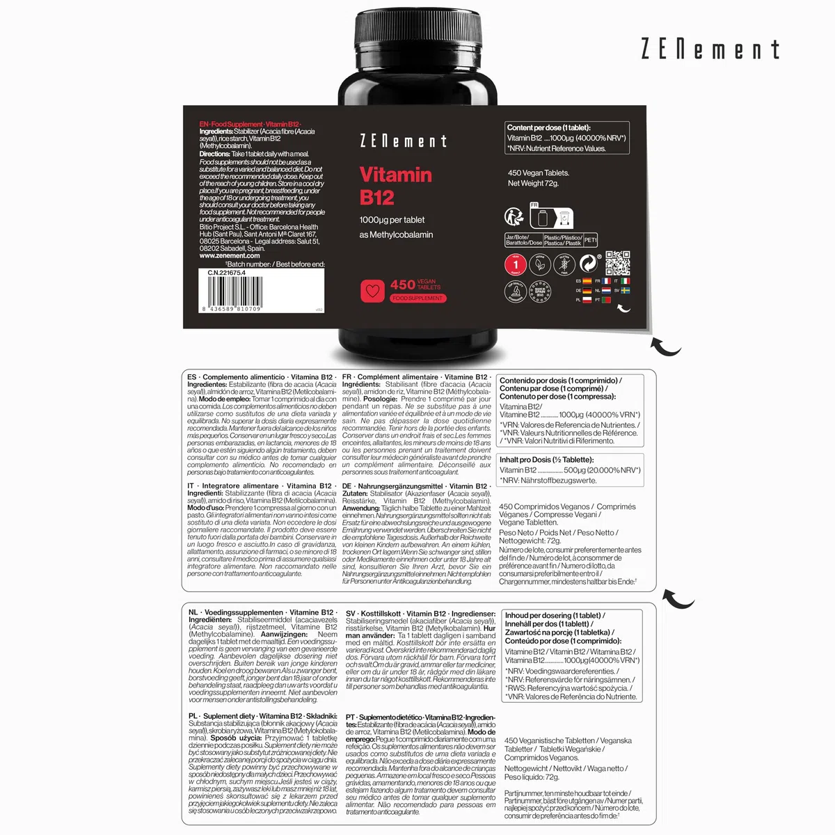 Vitamina B12 1000 mcg - 450 Comprimidos Veganos, Metilcobalamina 100% Forma Activa - Más de 1 año de Suministro - Contra Cansancio y Fatiga, Para el Sistema Inmunitario