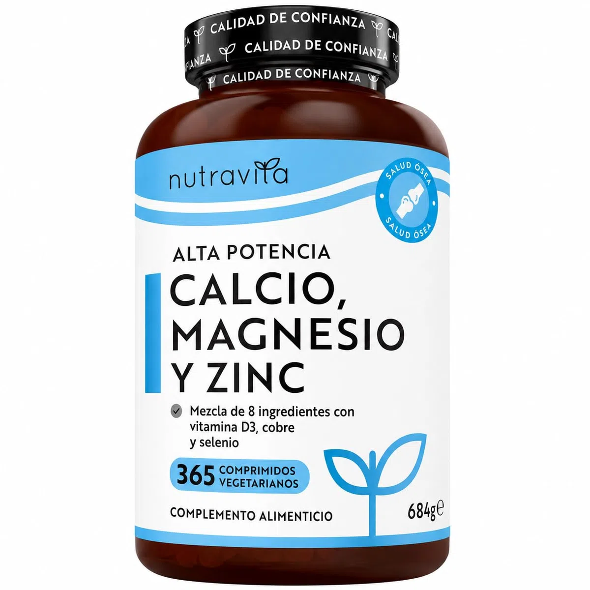 Nutravita Calcio 800mg, Magnesio 360mg, Zinc y Vit D - 365 Tabletas Vegetarianas (6 Meses) - Mantenimiento de Huesos, sistema inmunológico, función muscular normal y fatiga reducida - Hecho en Europe