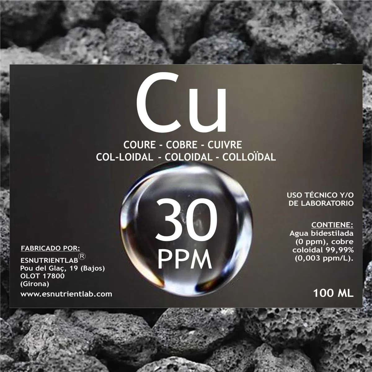 Cobre coloidal artesanal 30 PPM, 100 ml + vaporizador. Con certificado de autenticidad. ESNUTRIENTLAB. 99,99% de pureza.