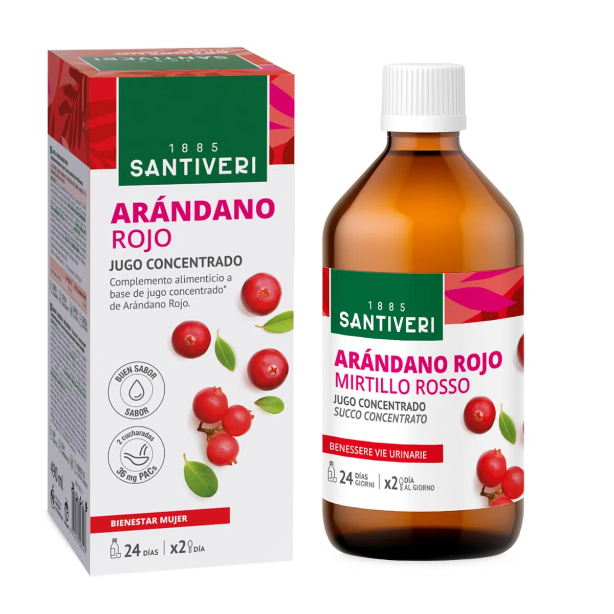 SANTIVERI - Concentrado de Arándano Rojo con Alto Contenido en Proantocianidinas 180mg/100ml, Sin Azúcar - Frasco de 490 ml