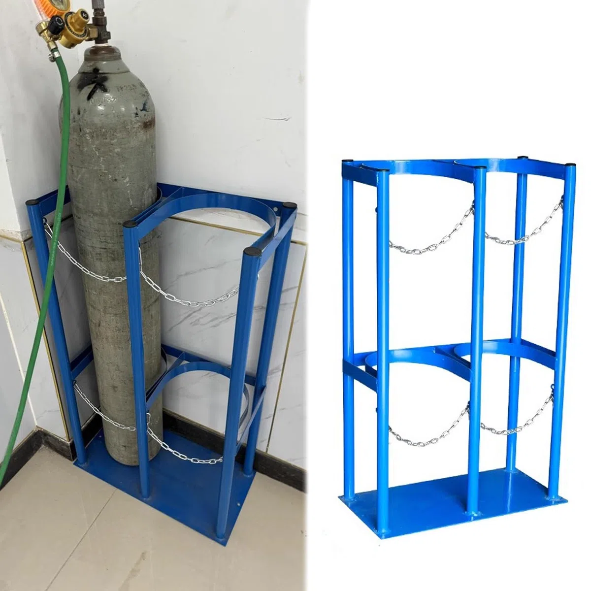 Soporte de tanque de oxígeno resistente, estante de cilindro de gas de acero de 40 L con cadena de seguridad, soporte de botella de soldadura comercial para hospital, ajustable de 27 a 96 cm de ancho