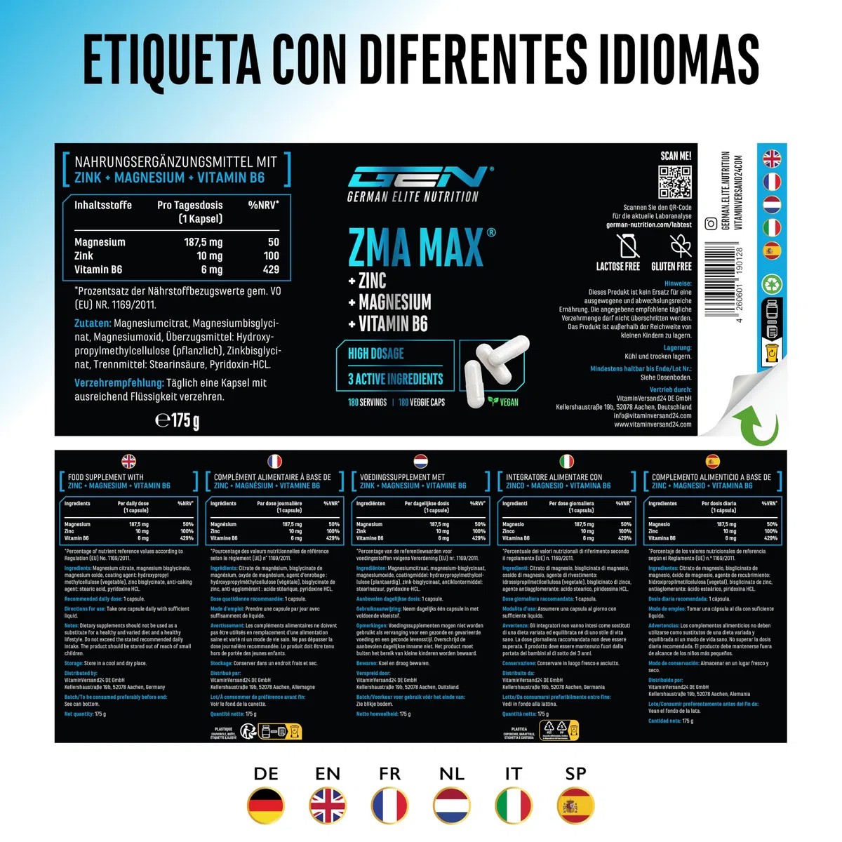 ZMA MAX - 180 Cápsulas - Dosis extra altas - Zinc + Magnesio + Vitamina B6 - Premium: Con 3 compuestos de magnesio - Vegano