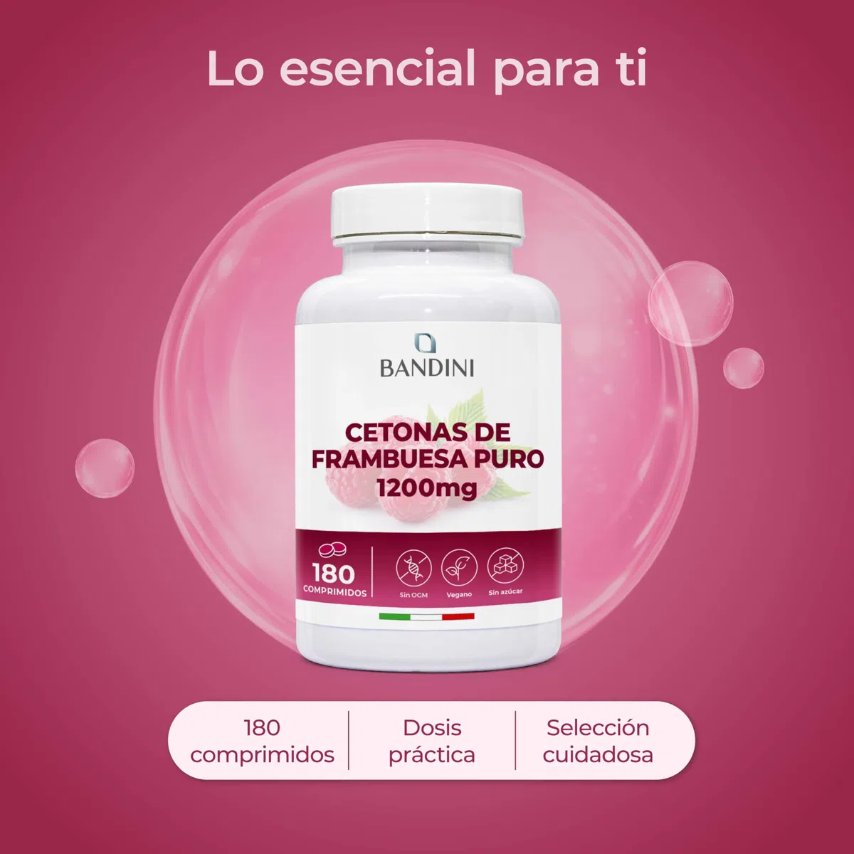 Bandini® Cetona de frambuesa pura 1200mg - Complemento vegano, 180 comprimidos para 6 meses - Rubus idaeus - Fácil de tragar - Ideal para dietas cetogénicas y bajas en carbohidratos - No-GMO, Sin Glut