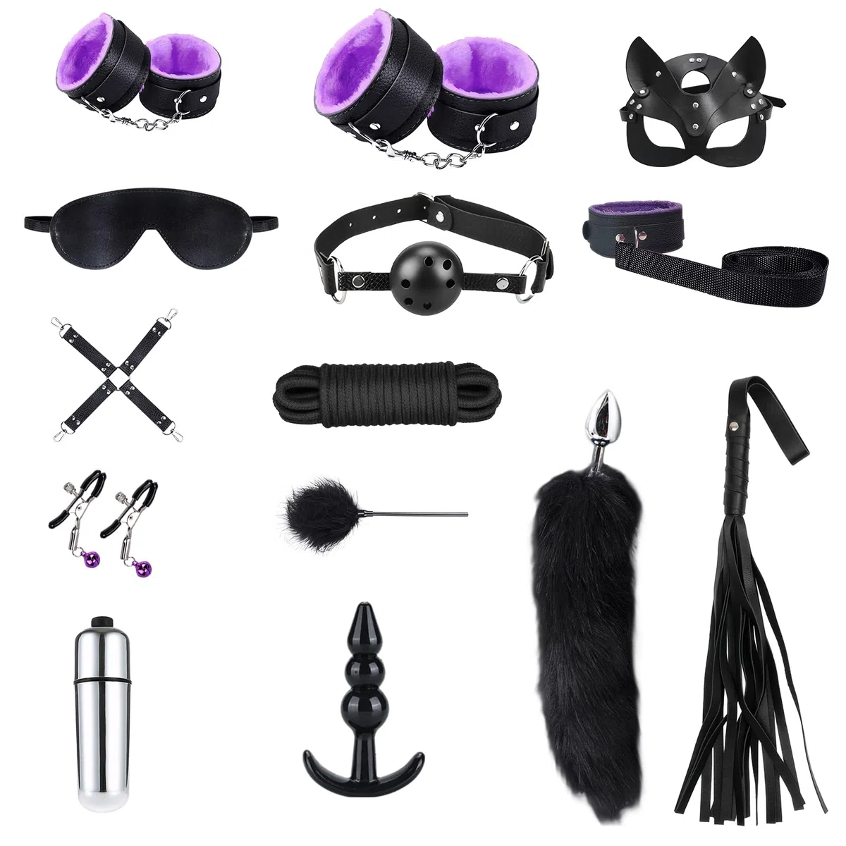 Qoosea Sexo Bondage Restricciones Kits SM 15PCS Set Bondage Ajustable Juegos para adultos en pareja Set de Restricción con Foxtail Plug Anal Esposas para Principiantes Experimentados(púrpura negruzco)
