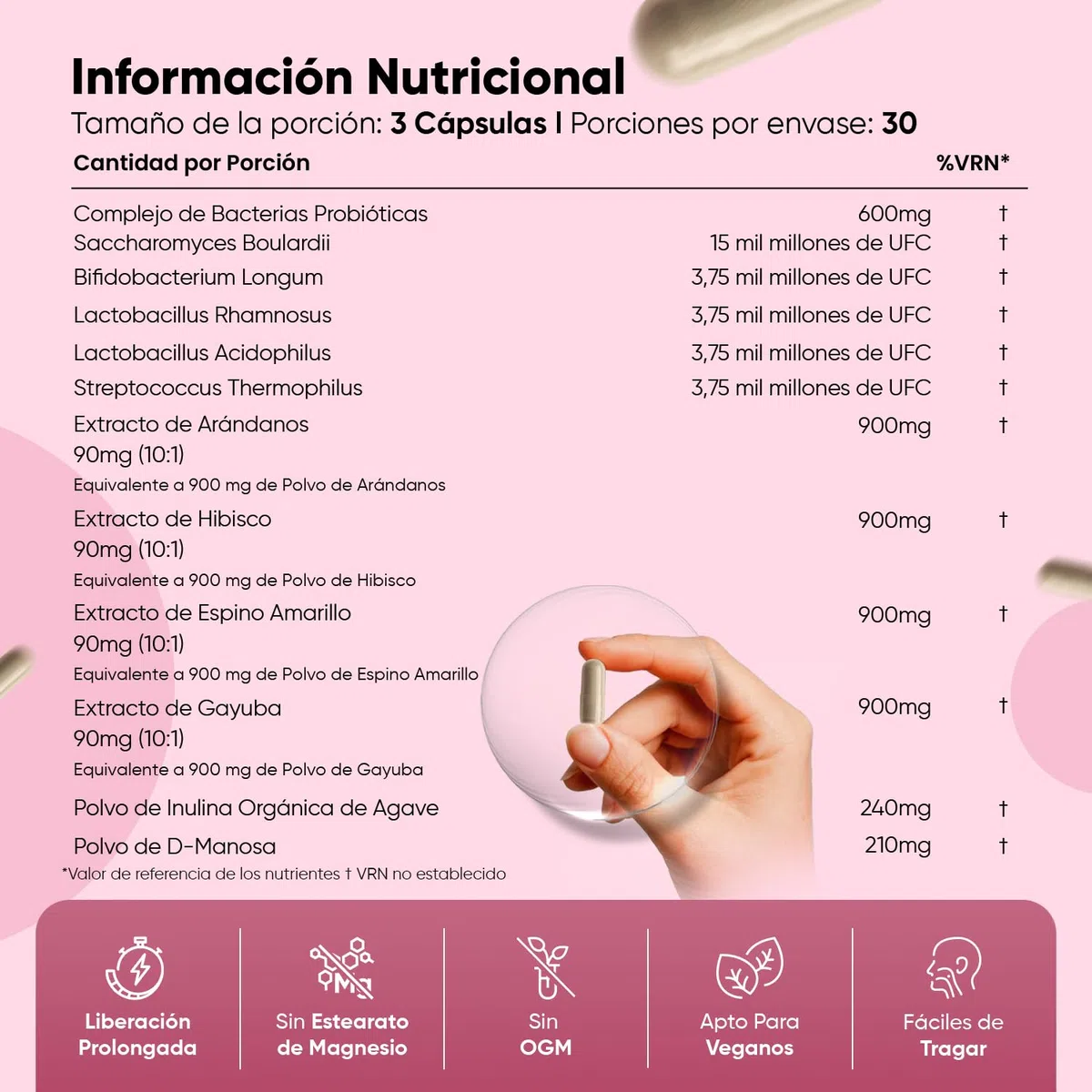 Probióticos Mujer Flora Íntima - 30 Mil Millones de UFC - Con Prebiótico de Inulina, Arándano Rojo, D Manosa y Extractos Botánicos para la Armonía Femenina - Vegano, Sin OGM