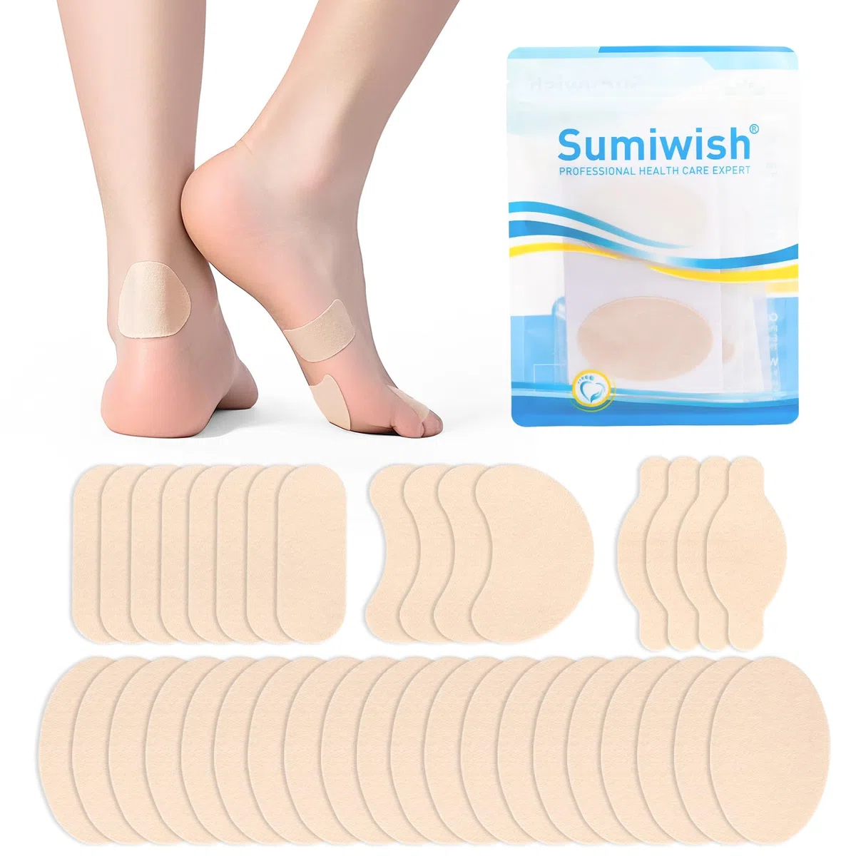 Sumiwish Moleskin para ampollas y alivio del dolor de pies, 36 unidades, para pies, talones, zapatos, almohadillas autoadhesivas para prevención de ampollas en 4 formas, para hombres y mujeres