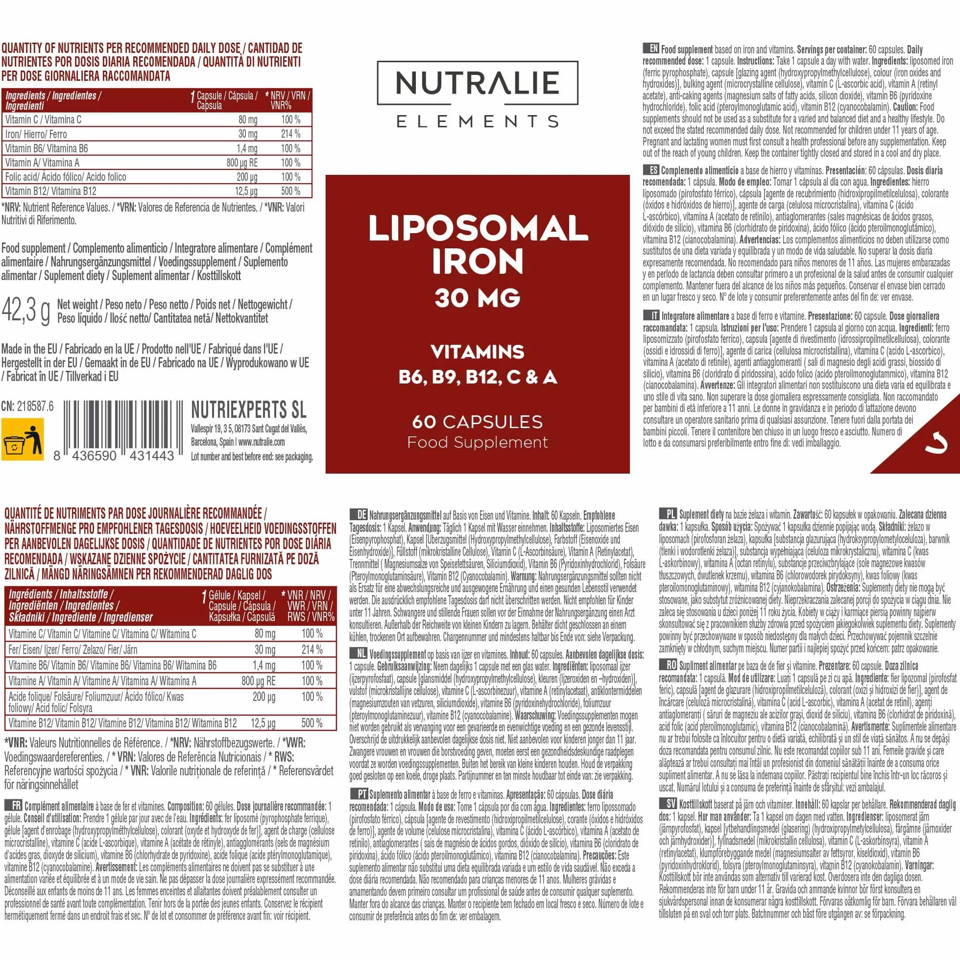 Hierro Liposomado 30mg Cansancio y Fátiga - Con Vitamina C, B12 Ácido Fólico, A y B6 - Hierro Suplemento - 60 Cápsulas Liposomal Iron Nutralie