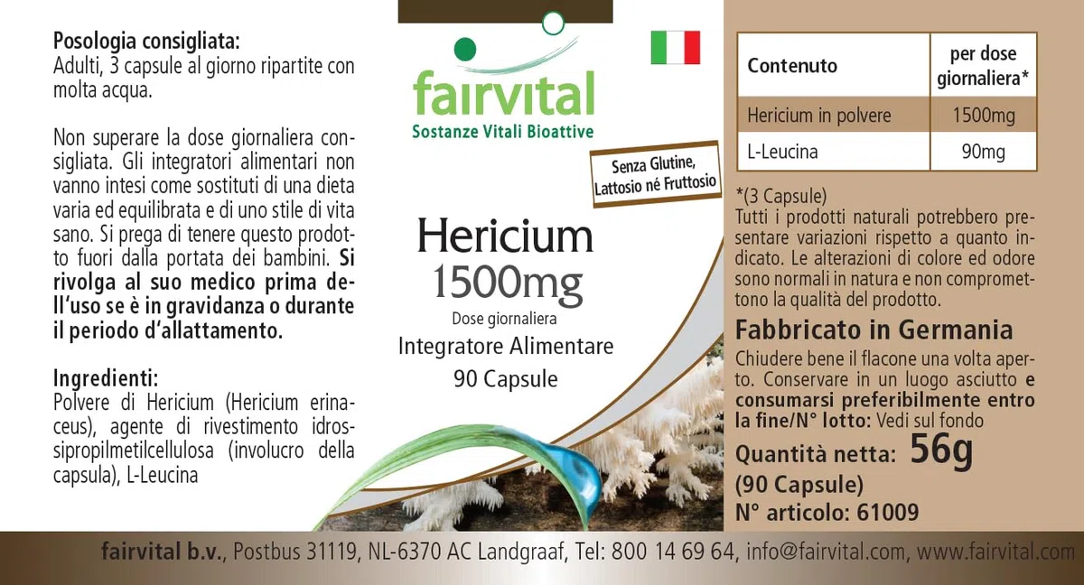 fairvital Hericium 1500mg, 90 cápsulas, fáciles de tragar, 1500mg de Hericium al día, ALTA DOSIS, Hericium erinaceus, VEGANO