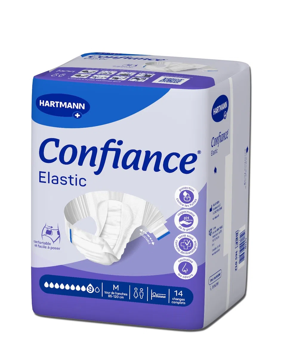 Confiance Elastic – Cambios completos para hombres y mujeres – Nivel de absorción = 9 gotas (fugas urinarias importantes) – pH neutro a la piel – Material suave – Talla M – 14 unidades