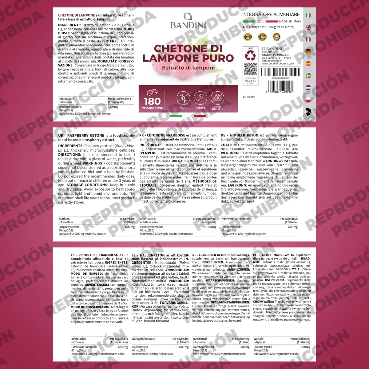 Bandini® Cetona de frambuesa pura 1200mg - Complemento vegano, 180 comprimidos para 6 meses - Rubus idaeus - Fácil de tragar - Ideal para dietas cetogénicas y bajas en carbohidratos - No-GMO, Sin Glut