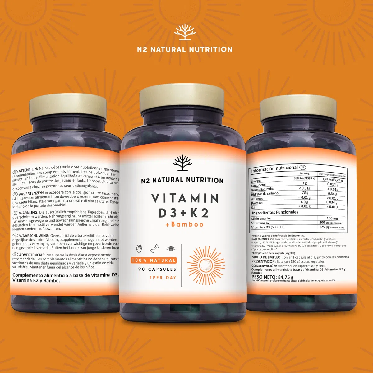 Vitamina D3 y K2. Vitamina D3 5000 ui + Vitamina K2 MK7 200 μg + Silicio + Bamboo. Alta Dosificación y Biodisponibilidad. Contribuye al Sistema Inmunológico. 150 Cápsulas. N2 Natural Nutrition
