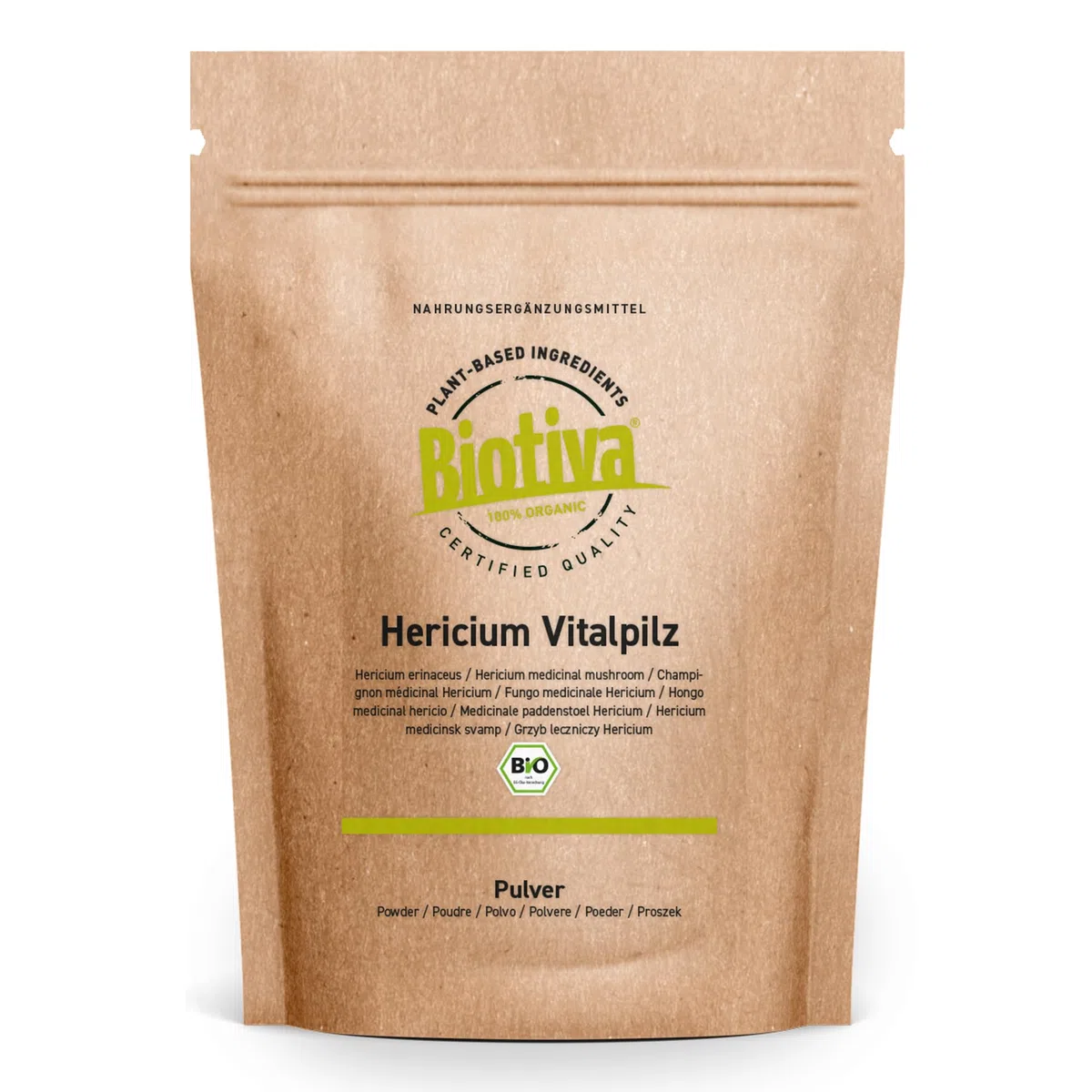 Biotiva Polvo de melena de león orgánica - melena de león - Hericium erinaceus - vegano - llenado y certificado en Alemania (DE-ÖKO-005)