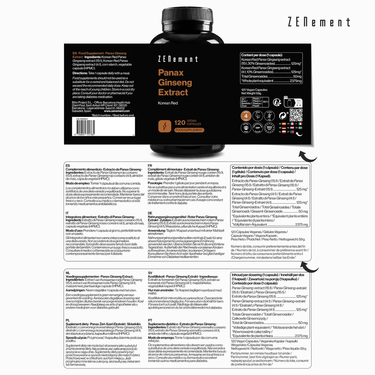 Extracto de Panax Ginseng - 50 mg Ginsenósidos por Cápsula, 2375 mg Equivalentes a Planta Entera - Vegano, Sin Aditivos, Sin OGM - 120 Cápsulas - Zenement