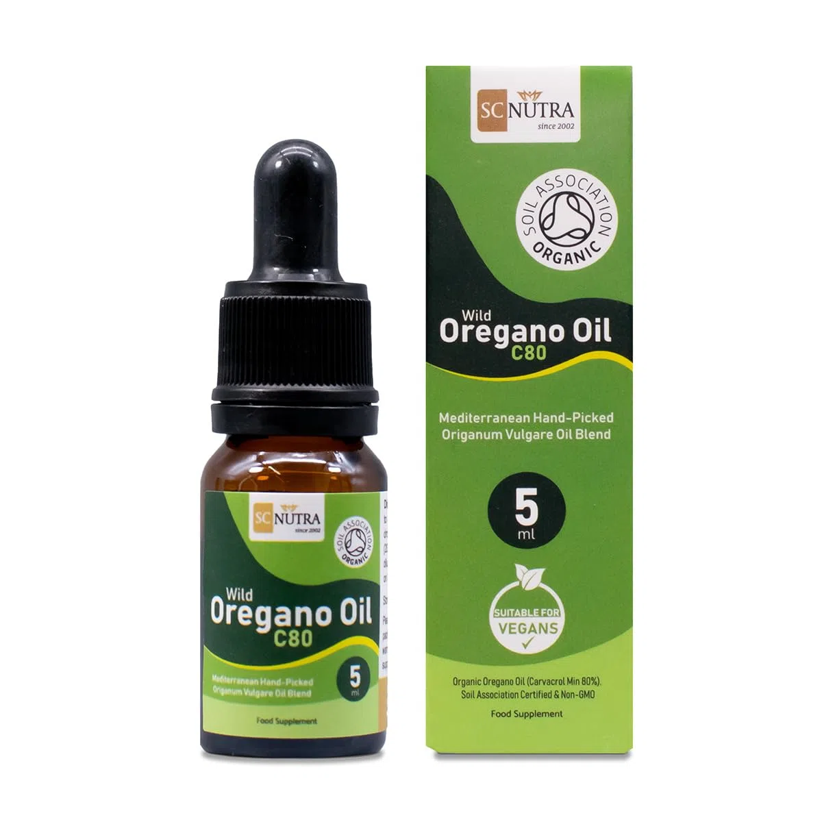 Aceite de orégano silvestre orgánico C80 5 ml | para uso tópico e interno | 83% + Carvacrol y niveles bajos de timol - Paquete de prueba | SC Nutra