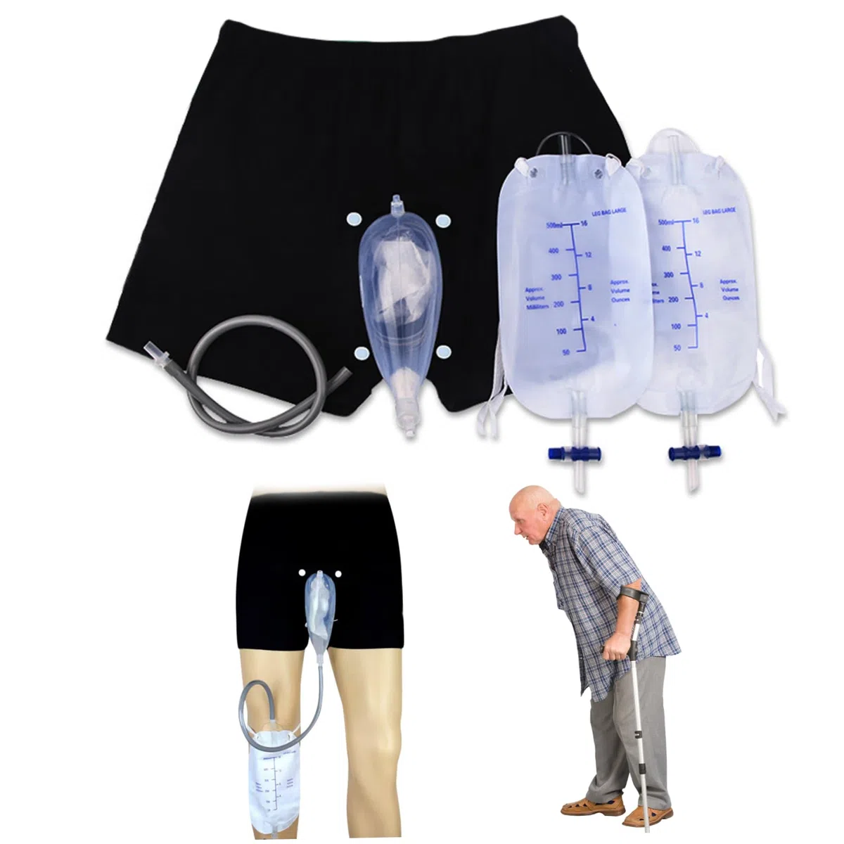 Conjunto de calzoncillos para incontinencia a prueba de fugas para hombres, orinal desmontable con bolsa para piernas y colector de silicona (L)