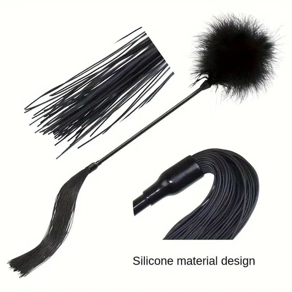 1 látigo de silicona con pluma de cuero negro, accesorio de juegos de rol