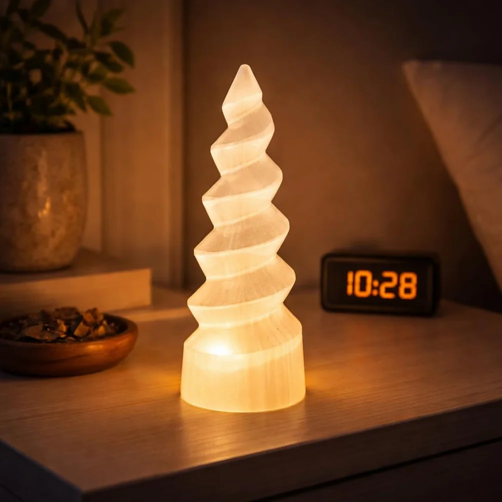 NKlaus Torre de selenita en espiral, 14 cm, piedra curativa para meditación, equilibrio de chakras y energía espiritual, decoración elegante y piedra protectora