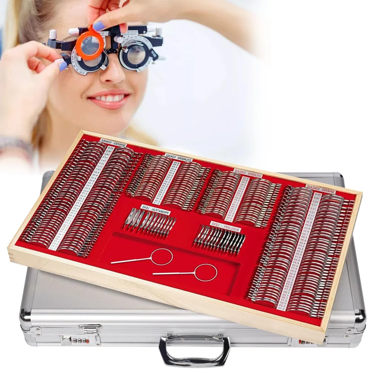 Kit de optometría, Juego de Marcos de Lentes de Prueba óptica de 266 Piezas, Gafas de Prueba Ocular, Juego de Lentes ópticas de optometría, Borde de Metal, Kit de Lentes de optometría Ocular