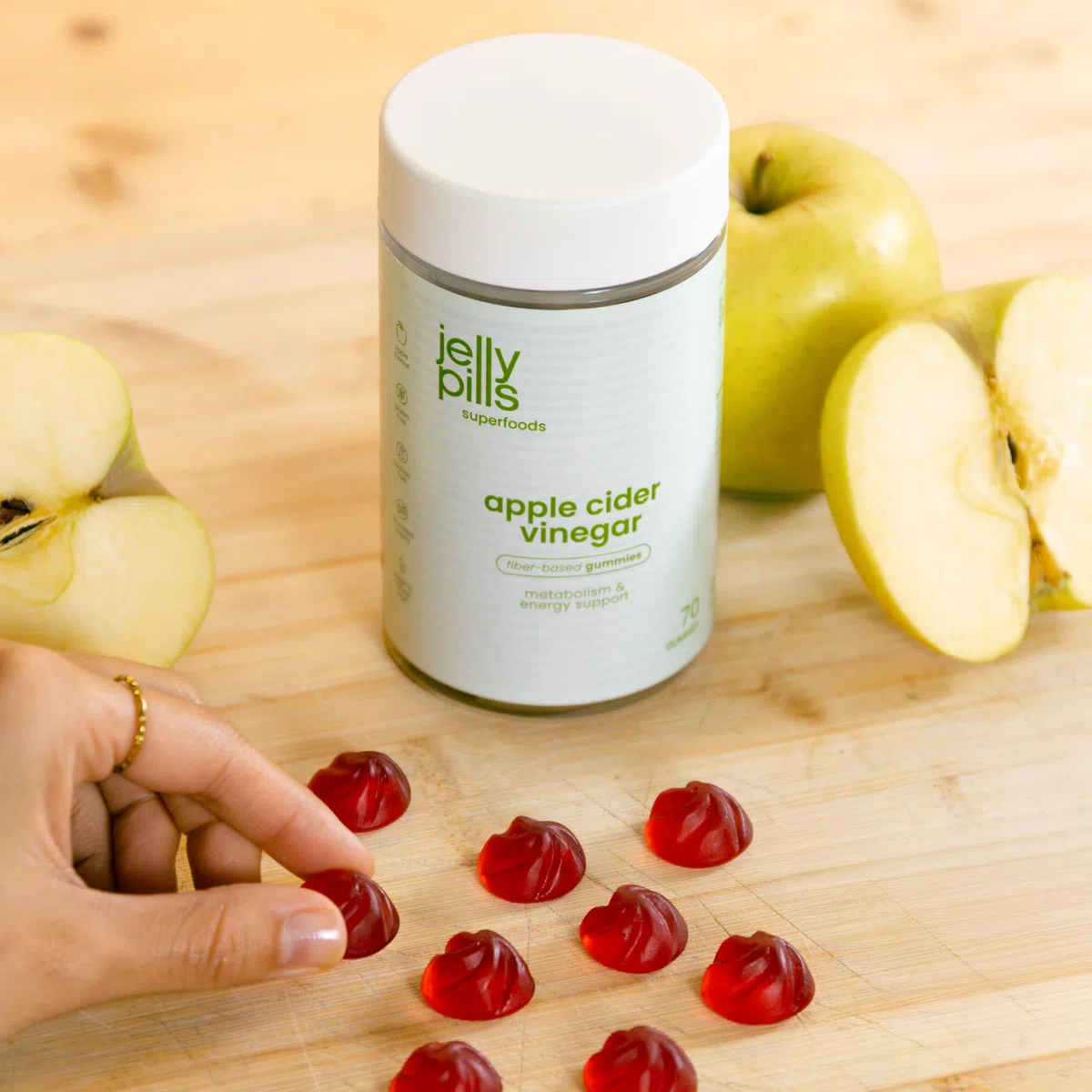 Jelly Pills Gominolas de Vinagre de Manzana de la Madre 1000mg con Cromo y Vitamina C - 70 Gummies Veganas - Sin Azucares Anadidos - Sabor a Manzana Natural - Apoya la Salud Digestiva