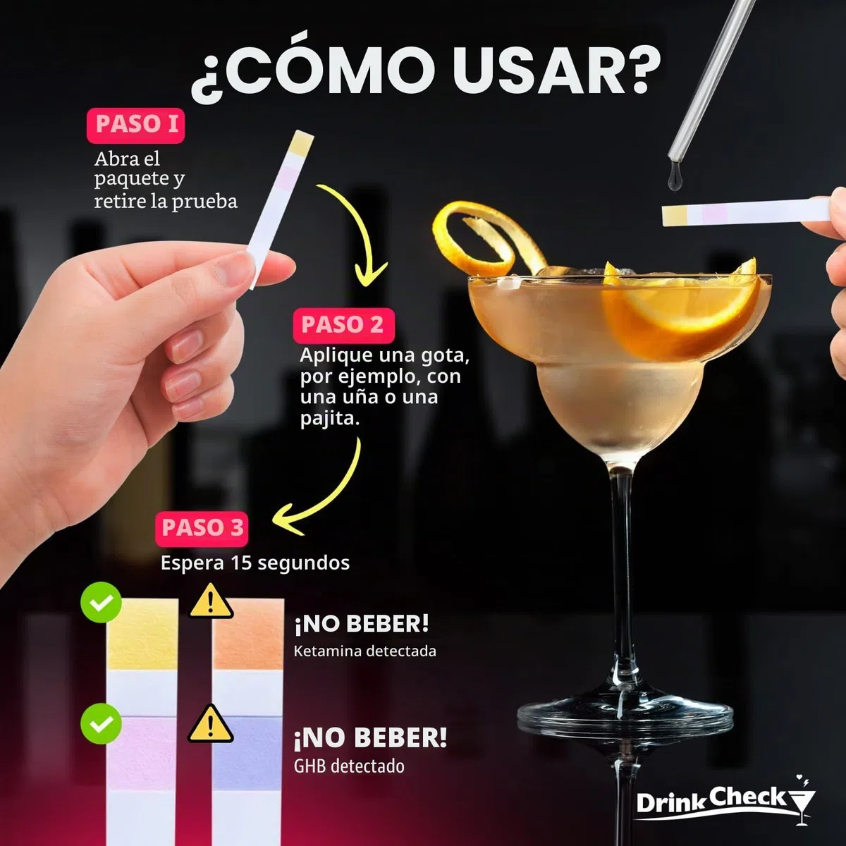 Tiras de Prueba para Bebidas | 1 Test Rápido para Detectar Drogas | Protege tu Seguridad en Fiestas, Bares y Eventos