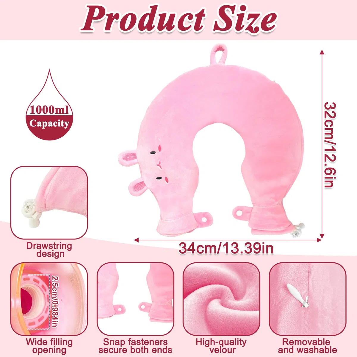 VEEKAY Botella de Calor para Cuello,1L Bolsa Agua Caliente Cuello,Bolsa de Agua Caliente Peluche en Forma de U,Funda Extraíble y Lavable,para Hogar Familia Hombres Mujeres Adultos,Regalo de Invierno